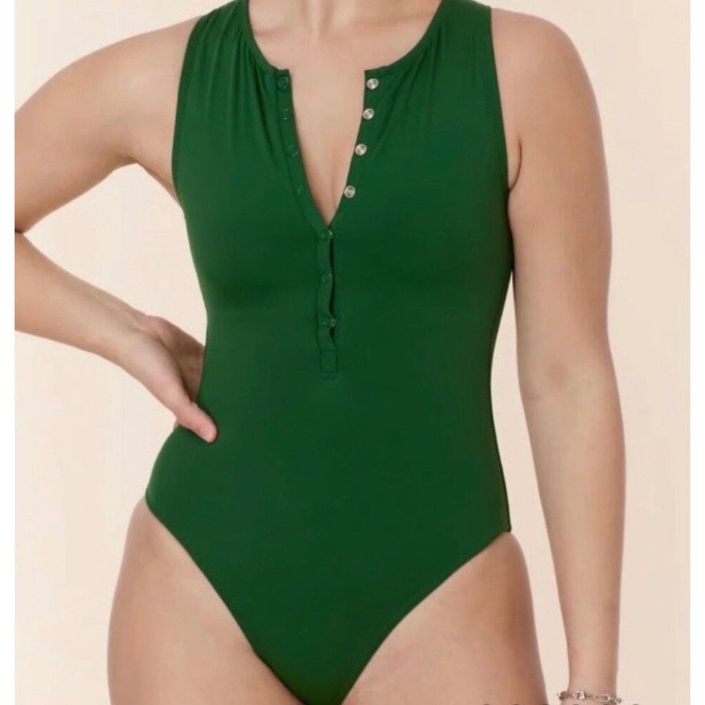 Andie Emerald Green Sleeveless Henley One-Piece Swimsuit